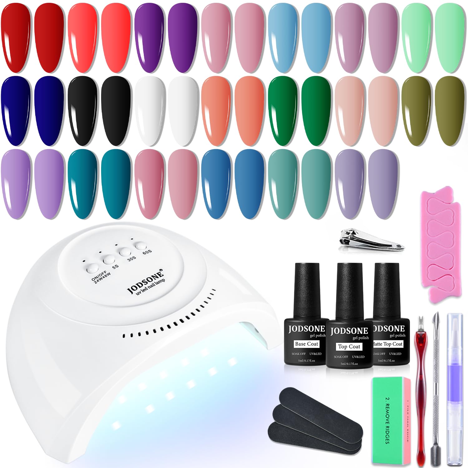 JODSONE 60 PCS Gel Nail Polish Set All Seasons No Wipe Base Coat Matte Glossy Top Coat Nail Gel Polish Kit for Starter Manicure DIY at Home Enjoy Fun