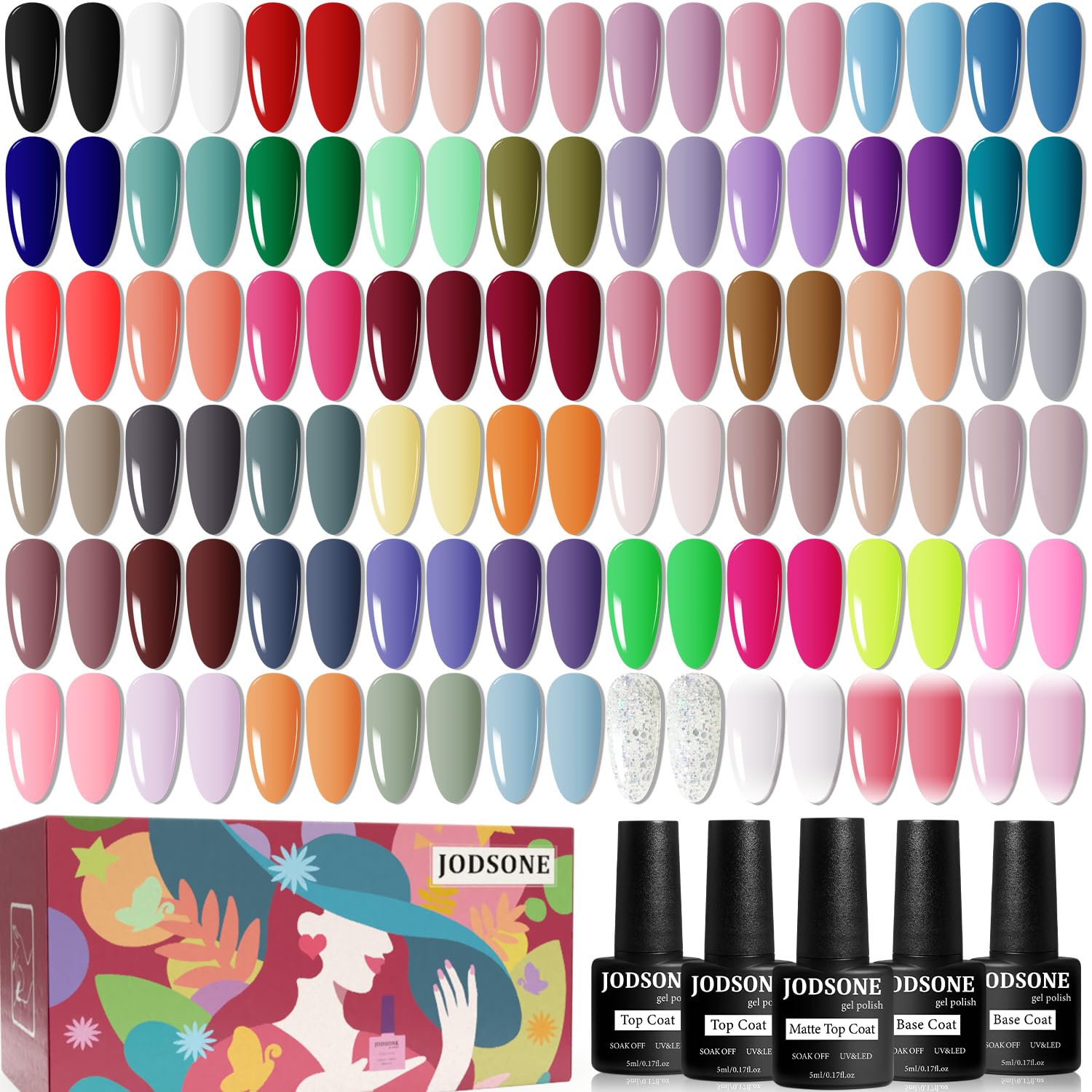 JODSONE 60 PCS Gel Nail Polish Set All Seasons No Wipe Base Coat Matte Glossy Top Coat Nail Gel Polish Kit for Starter Manicure DIY at Home Enjoy Fun