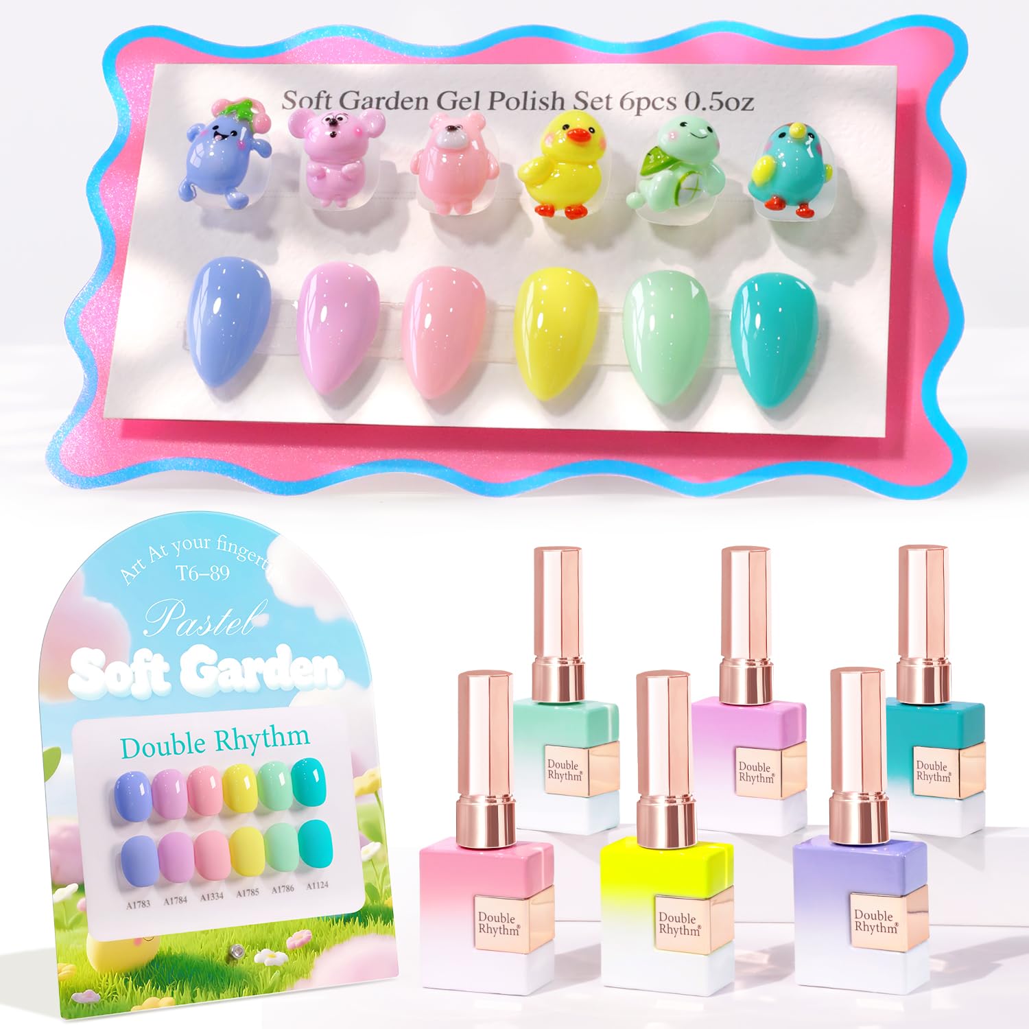 Double Rhythm 6 Pcs 15 ML Gel Polish Set Same Color Same Bottle Soak Off Gel Polish Kit Nail Art Manicure Salon DIY at Home for Women (Blue Green Beige Yellow Pink Orange-T6-9)