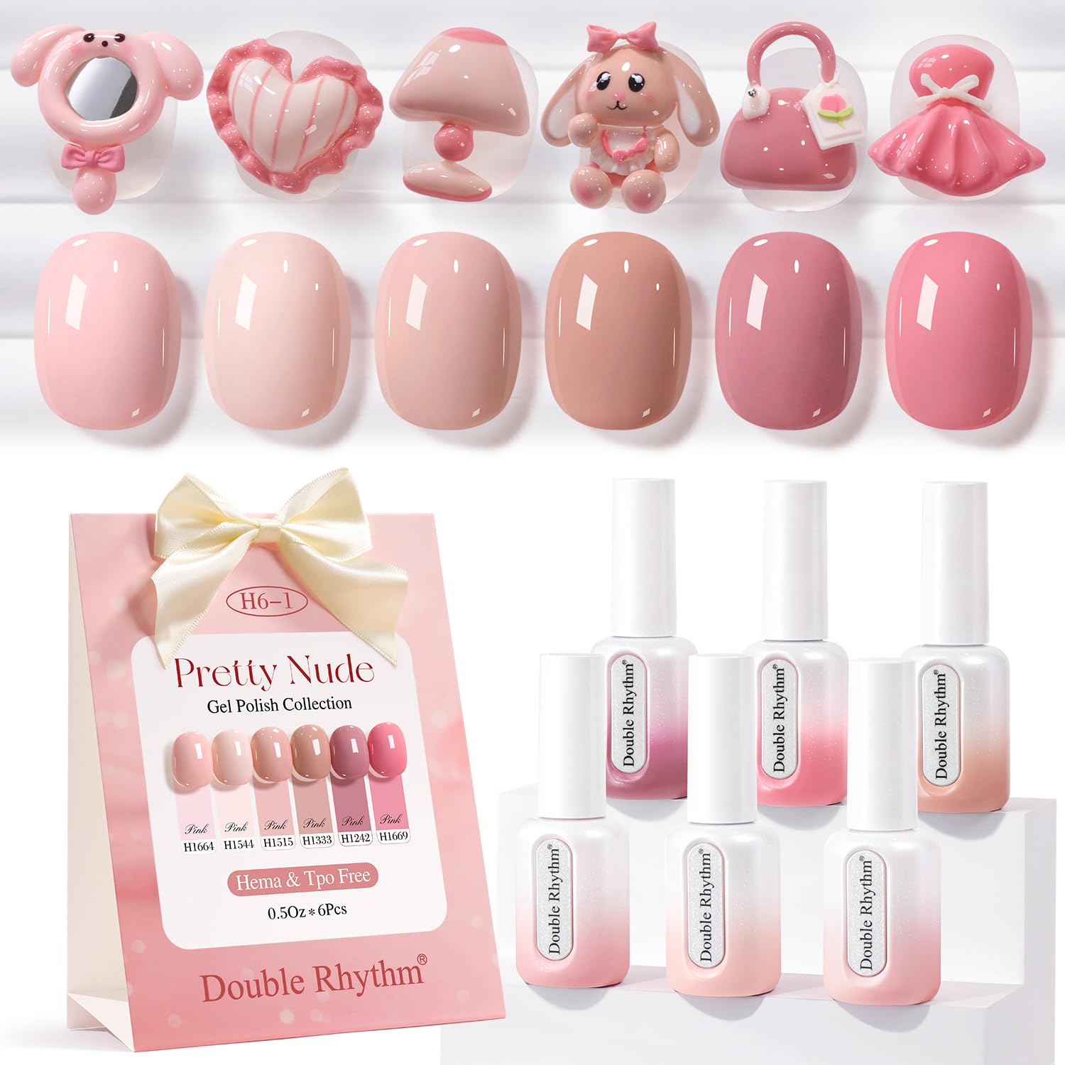 Double Rhythm 6 Pcs Hema Free Gel Polish Set 0.50 OZ Same Color Same Bottle Soak Off Neutral Natural Milky Gel Polish Kit Nail Art Manicure Salon DIY (Nude Pink Rose Burgundy-H6-3)