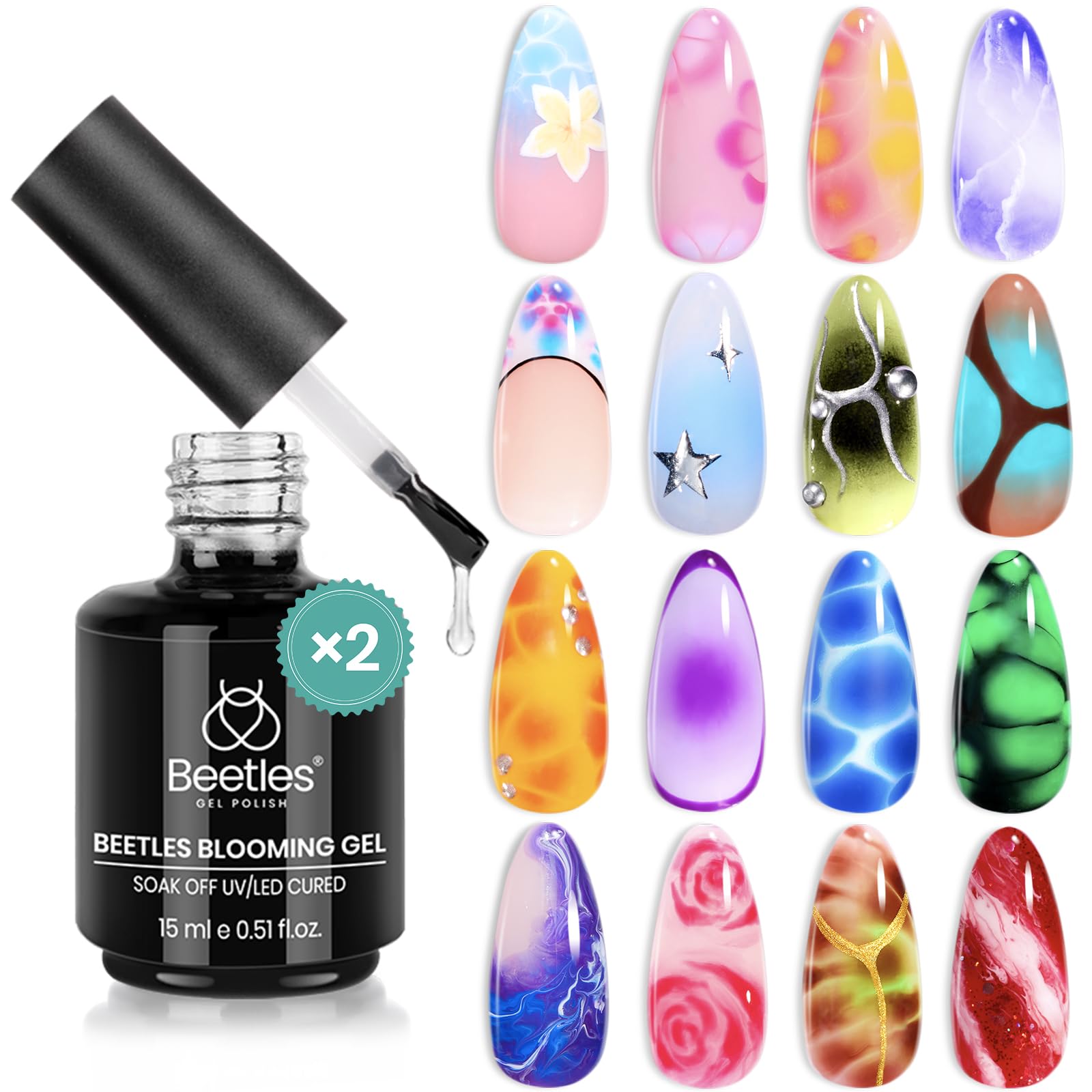Beetles Blooming Gel Nail Polish Kit - Hema Free Clear Blooming Gel with Red Nail Polish & Nail Art Brush, Soak Off UV/LED for Flower Marble Watercolor Nail Designs DIY Gift Set