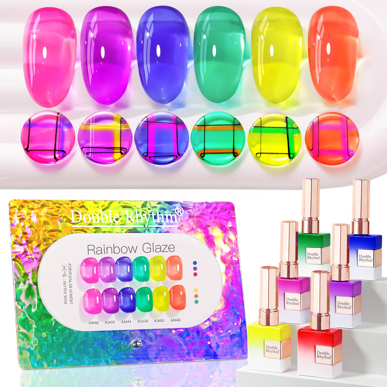 Double Rhythm 6 Pcs 15 ML Gel Polish Set Same Color Same Bottle Soak Off Gel Polish Kit Nail Art Manicure Salon DIY at Home for Women (Blue Green Beige Yellow Pink Orange-T6-9)