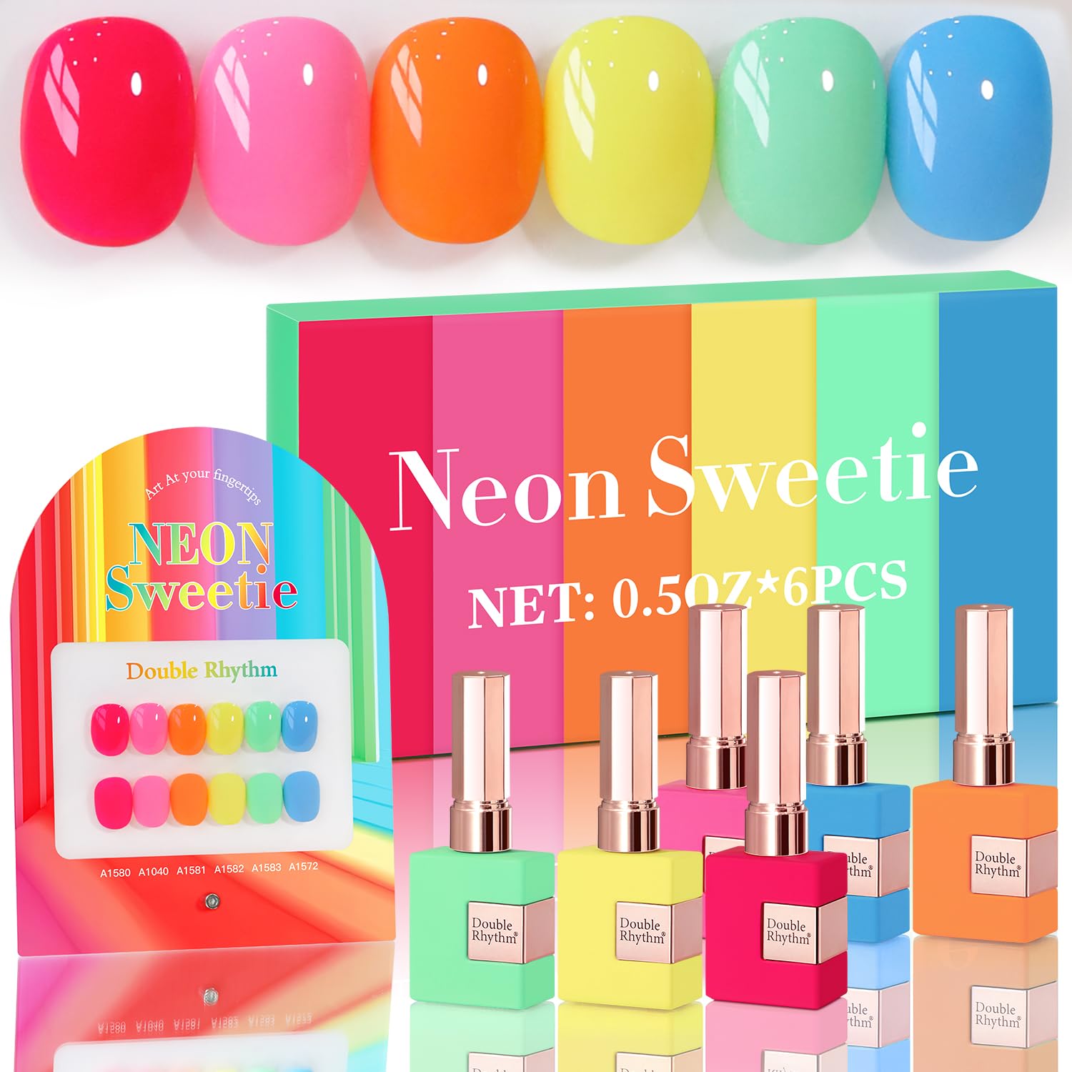 Double Rhythm 6 Pcs 15 ML Gel Polish Set Same Color Same Bottle Soak Off Gel Polish Kit Nail Art Manicure Salon DIY at Home for Women (Blue Green Beige Yellow Pink Orange-T6-9)
