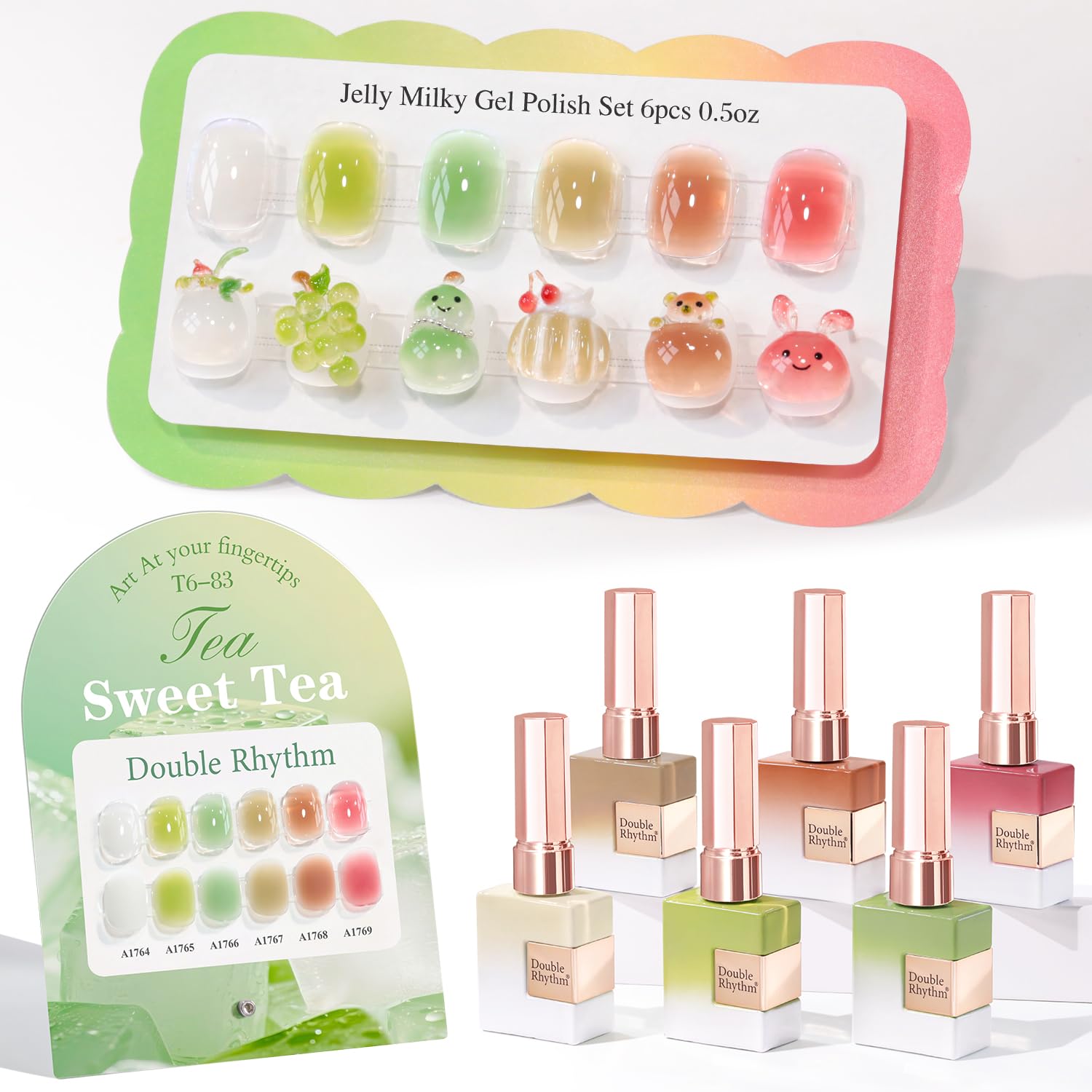 Double Rhythm 6 Pcs 15 ML Gel Polish Set Same Color Same Bottle Soak Off Gel Polish Kit Nail Art Manicure Salon DIY at Home for Women (Blue Green Beige Yellow Pink Orange-T6-9)
