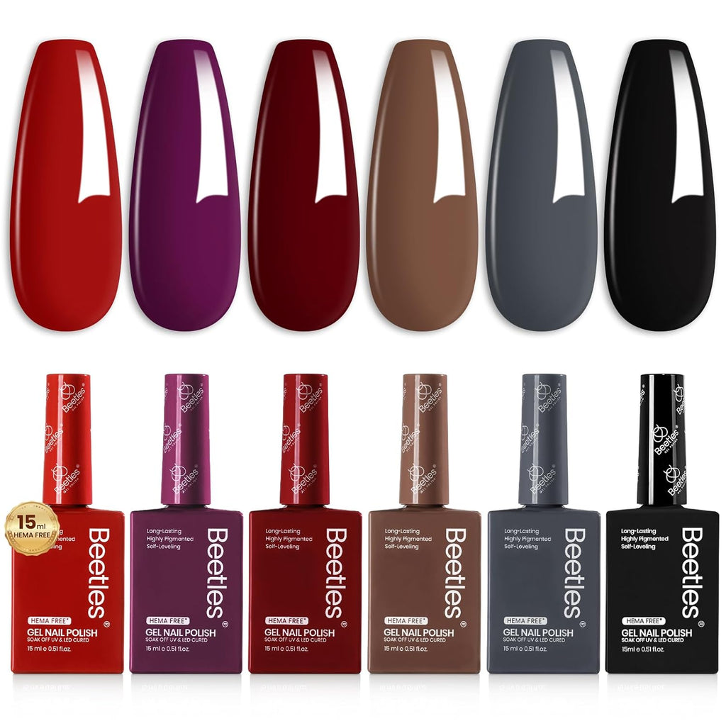 Beetles HEMA-Free Gel Polish Set – 6 PCS 15ml Burgundy Dark Red Brown Black Gray Colors Gel Nail Kit UV Nail Polish Color DIY Midnight Elegance Manicure Home Salon Valentines Gifts for Women