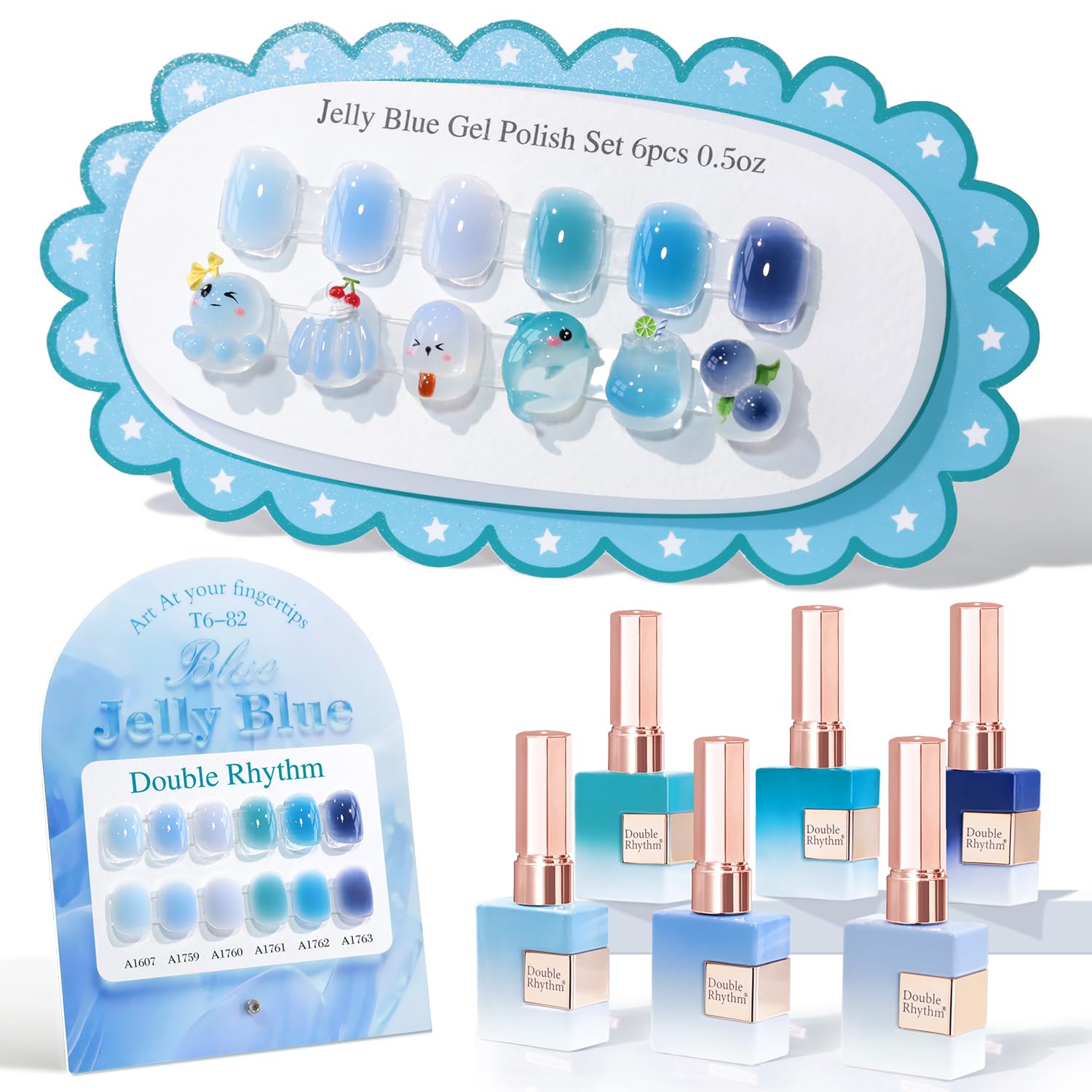 Double Rhythm 6 Pcs 15 ML Gel Polish Set Same Color Same Bottle Soak Off Gel Polish Kit Nail Art Manicure Salon DIY at Home for Women (Blue Green Beige Yellow Pink Orange-T6-9)
