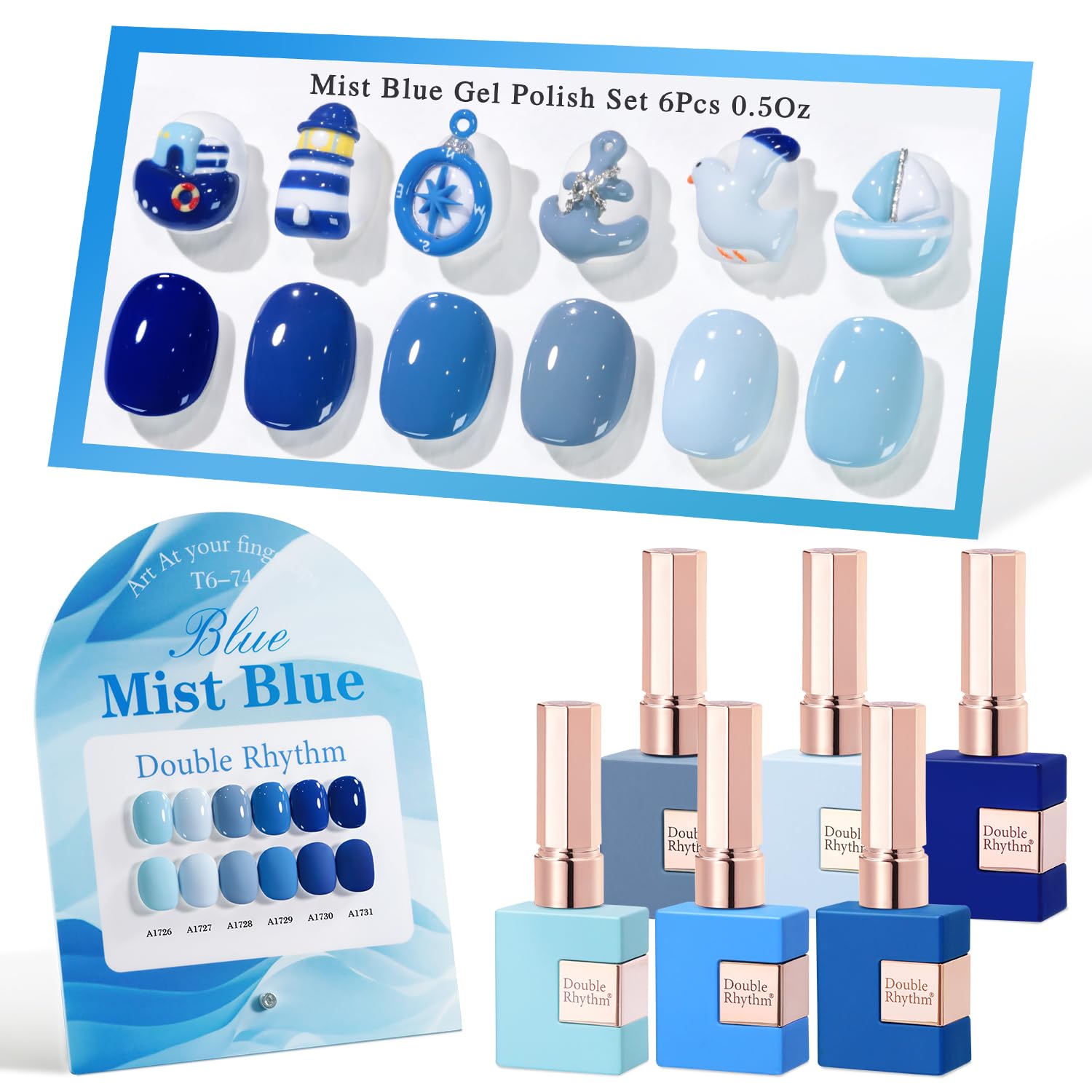 Double Rhythm 6 Pcs 15 ML Gel Polish Set Same Color Same Bottle Soak Off Gel Polish Kit Nail Art Manicure Salon DIY at Home for Women (Blue Green Beige Yellow Pink Orange-T6-9)