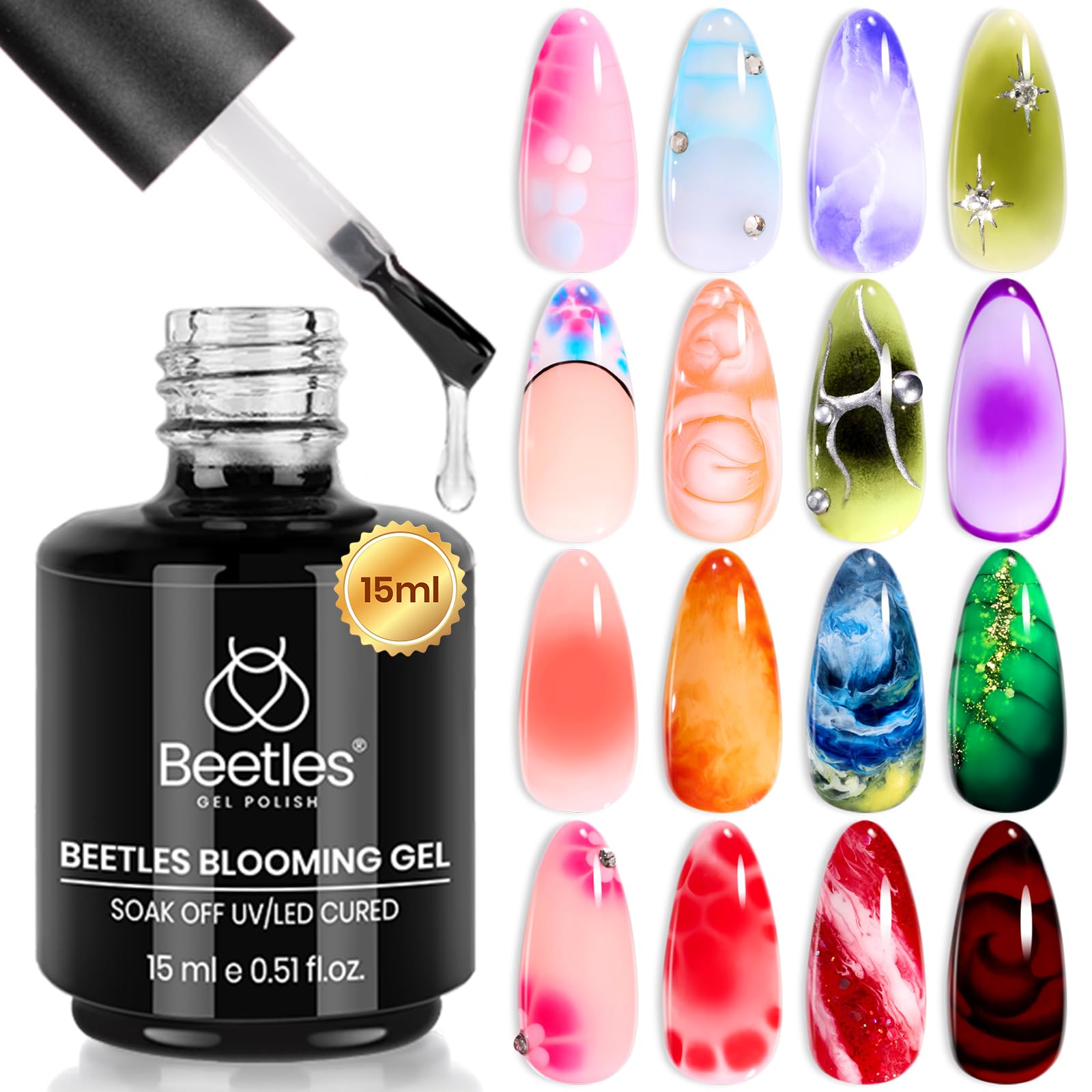 Beetles Blooming Gel Nail Polish Kit - Hema Free Clear Blooming Gel with Red Nail Polish & Nail Art Brush, Soak Off UV/LED for Flower Marble Watercolor Nail Designs DIY Gift Set