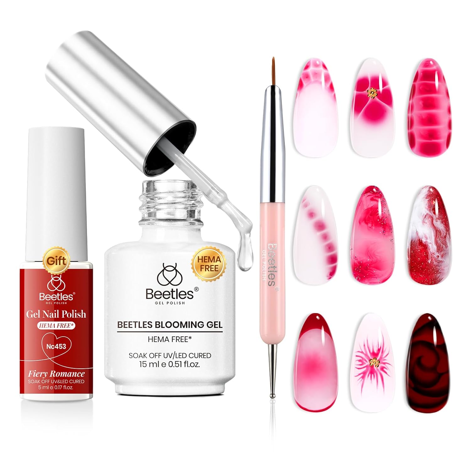 Beetles Blooming Gel Nail Polish Kit - Hema Free Clear Blooming Gel with Red Nail Polish & Nail Art Brush, Soak Off UV/LED for Flower Marble Watercolor Nail Designs DIY Gift Set