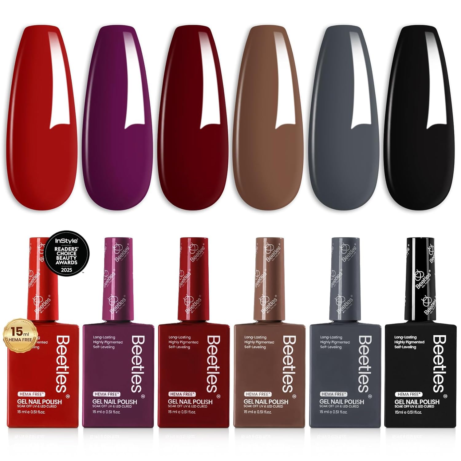 Beetles HEMA-Free Gel Polish Set – 6 PCS 15ml Burgundy Dark Red Brown Black Gray Colors Gel Nail Kit UV Nail Polish Color DIY Midnight Elegance Manicure Home Salon Valentines Gifts for Women