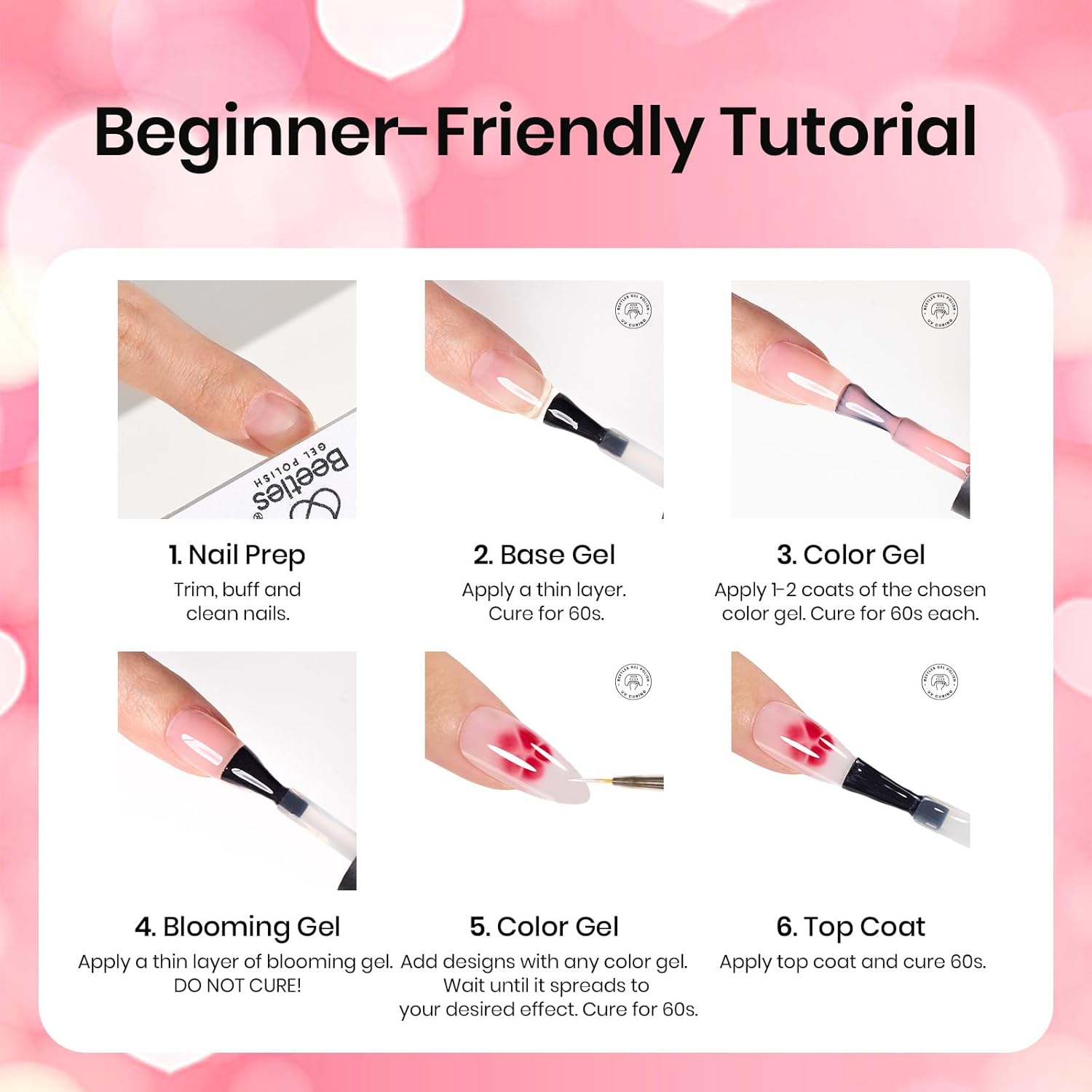 Beetles Blooming Gel Nail Polish Kit - Hema Free Clear Blooming Gel with Red Nail Polish & Nail Art Brush, Soak Off UV/LED for Flower Marble Watercolor Nail Designs DIY Gift Set